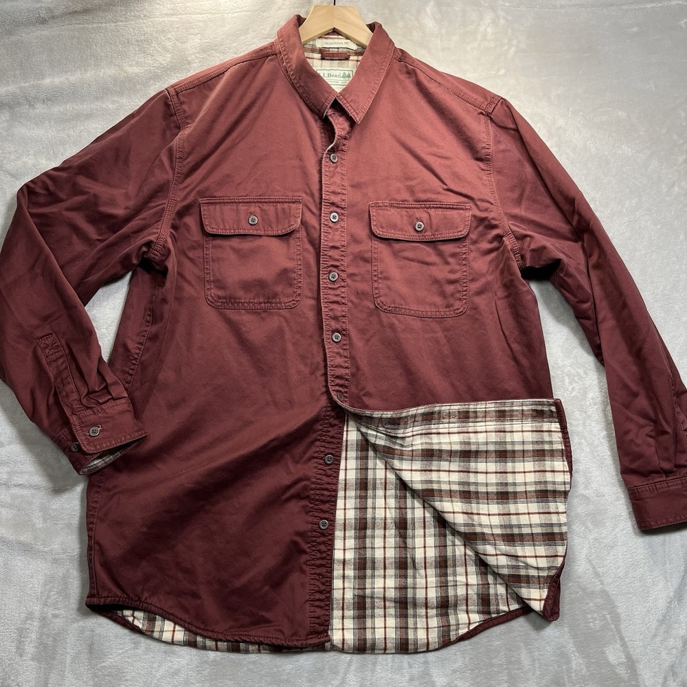 LL Bean Canvas Shirt Hurricane Jacket Flannel Lined Burgundy Mens L Tall VTG